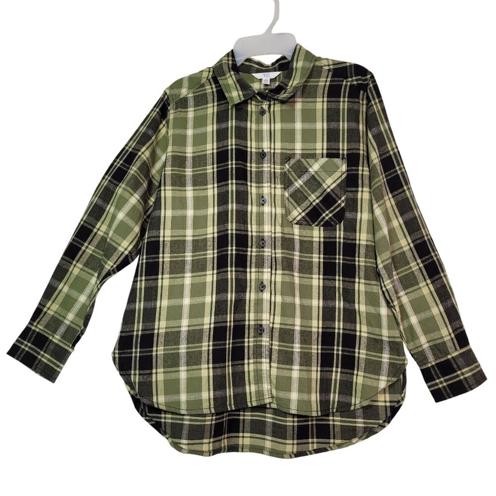 Time & Tru Women's Plaid Button-Up Long Sleeve Shirt Green & Black Small (4-6)